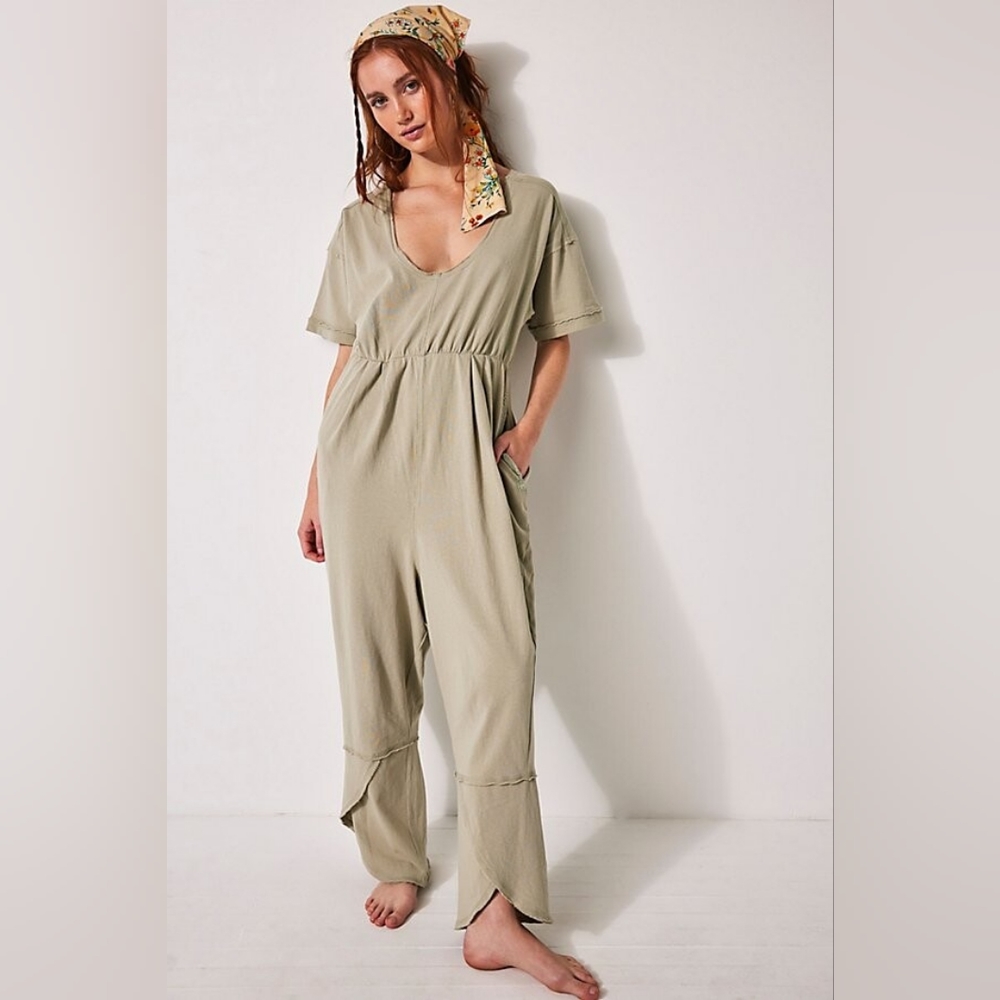 Free People Olive Green Short Sleeve V-Neck Jumpsuit